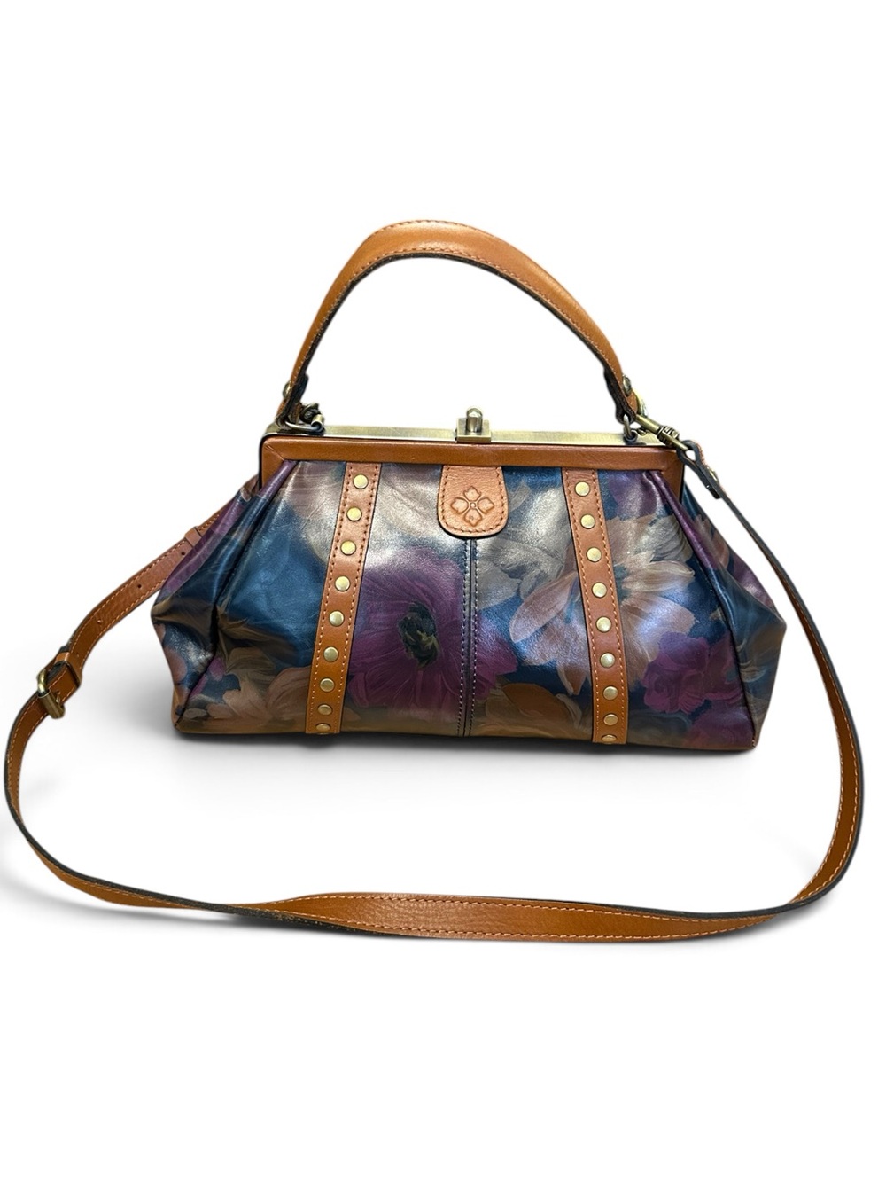 Patricia Nash Nemoli Floral Leather Frame Satchel - Blue, Purple & Tan